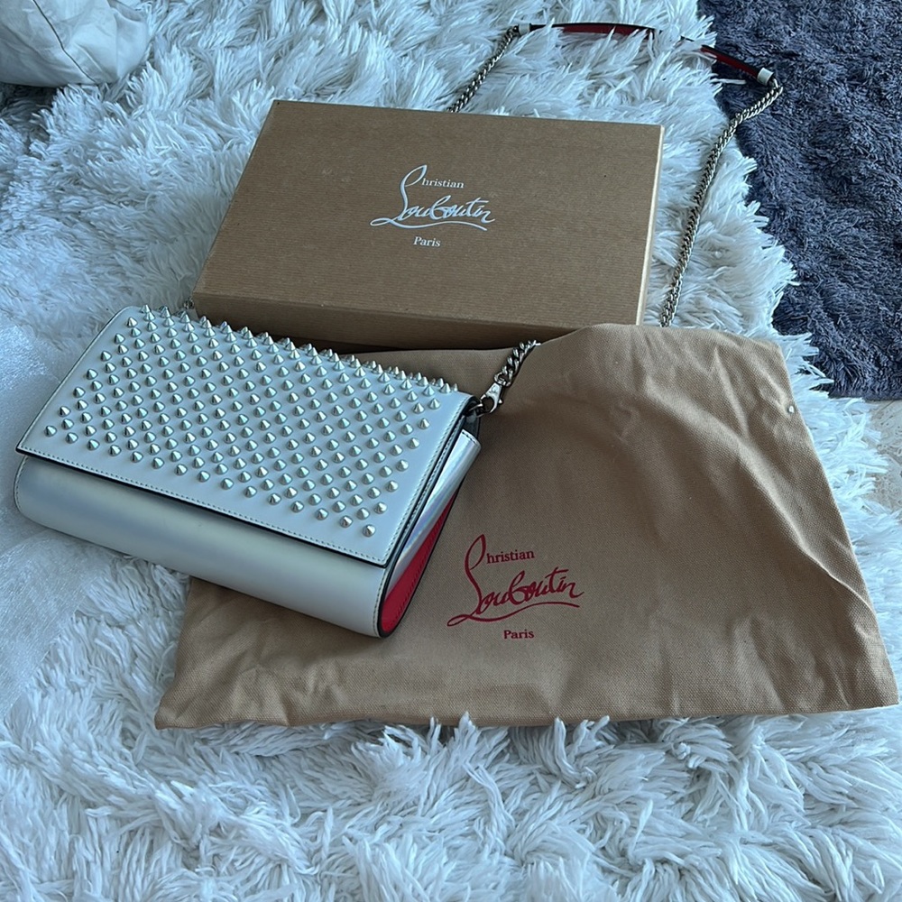 Christian Louboutin Paloma Calf Paris Specchio Laser Spikes Clutch Bag in snow